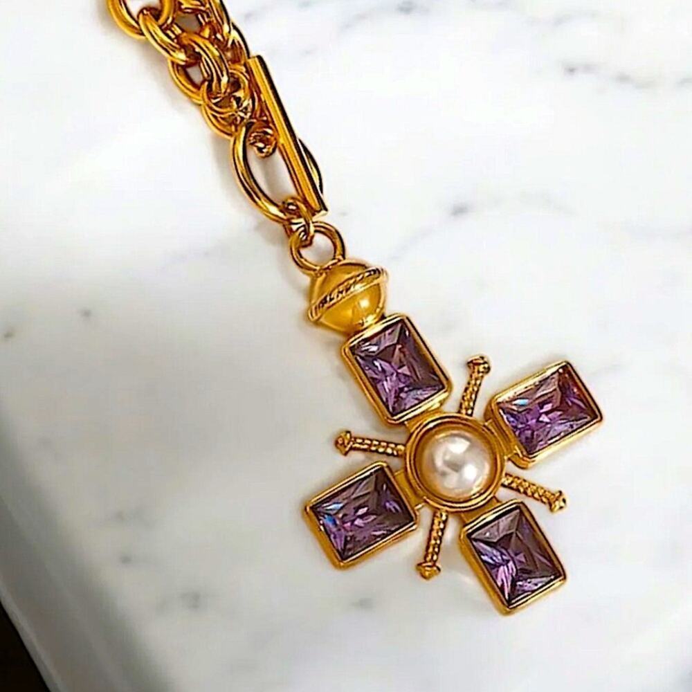 Gold Amethyst Pearl Cross Pendant Necklace Stainless Steel Gold Plated